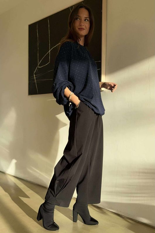 Stella Micro Stud Ruffle Blouse Navy